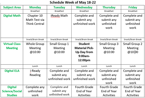 Schedule Week of May 18 Schedule Week of May 18
